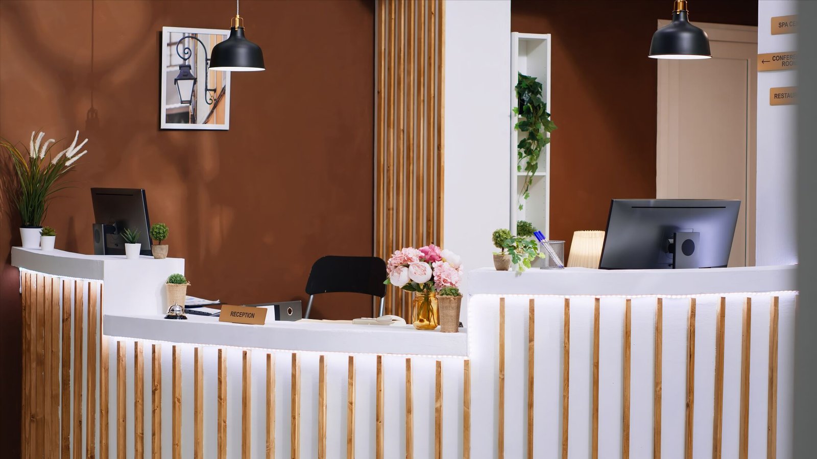 Refined corporate office floral styling — elegant and professional